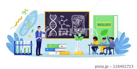 Biology school subject. Students exploring nature and living organism structure. Teacher standing at blackboard and explaining biological process to children. Academic education 128402723