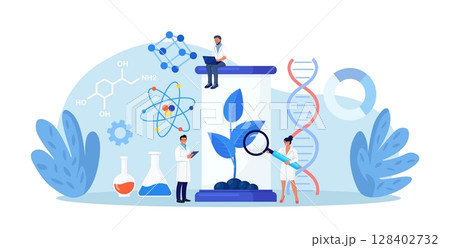 Biotechnology. Engineers growing green sprouts, plants in soil with cultivation equipment in science laboratory. Science experiment, molecular analysis, biological research for medical herb purpose Biotechnology. Engineers growing green sprouts, plants in soil with cultivation equipment in science laboratory. Science experiment, molecular analysis, biological research for medical herb purpose 128402732