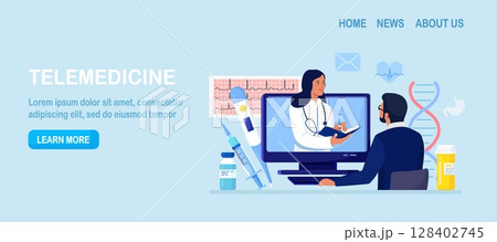 Telemedicine, Modern Health Care Services. Medical Conversation by Internet with Doctor. Patient Meeting with Physician Online, Having Consultation and Receiving Digital Prescription. Online Diagnosis 128402745