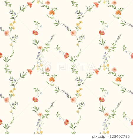 Seamless watercolor floral pattern with hand-painted wildflowers and leaves. Soft pink, yellow, and blue blossoms. Ideal for wallpaper, fabric, nursery decor, and spring-themed designs. 128402756