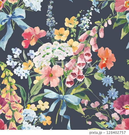 Watercolor and Gouache floral pattern with poppy, foxglove, chicory and buttercups seamless vintage bouquet with blue ribbons and colorful wildflowers on white background. Hand-painted romantic design 128402757