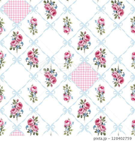 Shabby chic rose pattern with ribbons and gingham seamless vintage floral design with pink roses, blue bows, and pastel diamonds. Ideal for textiles, wrapping, and romantic interiors. 128402759