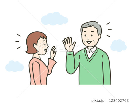 屋外で高齢男性と若い女性が会って挨拶をかわすイラスト 128402768