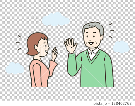 屋外で高齢男性と若い女性が会って挨拶をかわすイラスト 128402768