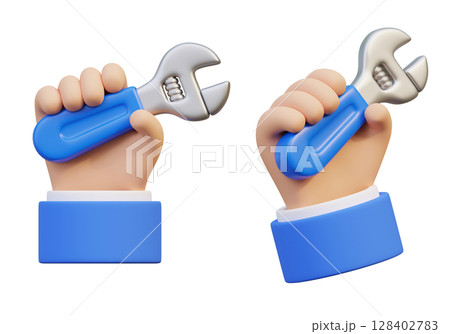 3D graphic of a hand holding a adjustable spanner wrench 128402783