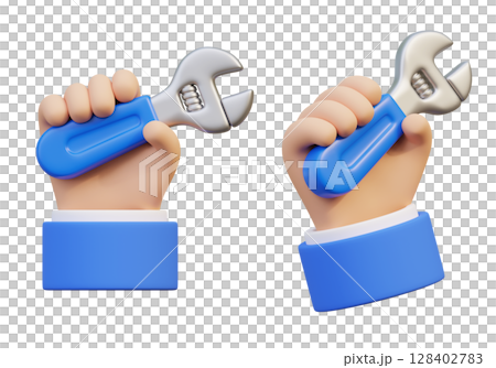 3D graphic of a hand holding a adjustable spanner wrench 128402783