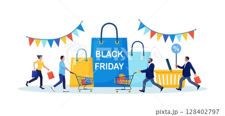 Black Friday Sale Event. People Buy on Big Discount Sales. Customers Running with Shopping Bags, Trolley, Cart with Gift Boxes and Big Packages on Background. E-commerce and Online Shopping Black Friday Sale Event. People Buy on Big Discount Sales. Customers Running with Shopping Bags, Trolley, Cart with Gift Boxes and Big Packages on Background. E-commerce and Online Shopping 128402797