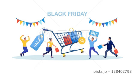 Black Friday Sale Event. People Buy on Big Discount Sales. Customers Running with Shopping Bags. Trolley, Cart with Gift Boxes, Packages, Tag on Background. E-commerce and Online Shopping Black Friday Sale Event. People Buy on Big Discount Sales. Customers Running with Shopping Bags. Trolley, Cart with Gift Boxes, Packages, Tag on Background. E-commerce and Online Shopping 128402798