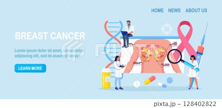 Breast cancer. Tiny doctors mammologist examine woman patient with magnifier to treat cancer. Breast ultrasound and mammography, diagnostic of oncology. Examination in the clinic, medical diagnosis 128402822