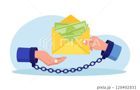 Businessmen hands in handcuffs with envelope full of money. Hidden wages, black payments, tax evasion. Anti corruption concept. Financial crimes. Man giving bribe to politician. Illegal activities Businessmen hands in handcuffs with envelope full of money. Hidden wages, black payments, tax evasion. Anti corruption concept. Financial crimes. Man giving bribe to politician. Illegal activities 128402831