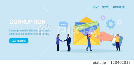 Corruption scam, bribery, illegal activities. Businessman giving bribe money in a yellow envelope to to his corrupted partner. Financial crime and bribe. People handshaking, completion of illegal deal 128402832