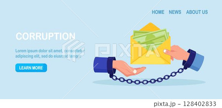 Businessmen hands in handcuffs with envelope full of money. Hidden wages, black payments, tax evasion. Anti corruption concept. Financial crimes. Man giving bribe to politician. Illegal activities 128402833