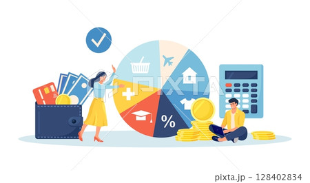 Budget planning. People analyzing personal or corporate budget. Finance accounting and calculation of financial income and expenses. Woman standing near round pie chart with indication of spendings 128402834