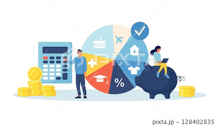 Budget planning. People analyzing personal or corporate budget. Finance accounting and calculation of financial income and expenses. Man standing near round pie chart with indication of spendings Budget planning. People analyzing personal or corporate budget. Finance accounting and calculation of financial income and expenses. Man standing near round pie chart with indication of spendings 128402835