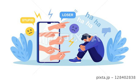 Cyber Bullying. Sad teenage man sitting in front of phone screen with dislike in social media, mockery. Depressed young person after insult, swear, verbal abuse in internet. Depression, stress concept 128402838