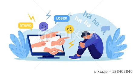Cyber Bullying. Sad teenage man sitting in front of computer with dislike in social media, mockery. Depressed young person after insult, swear, verbal abuse in internet. Depression, stress concept 128402840