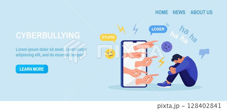 Cyber Bullying. Sad teenage man sitting in front of phone screen with dislike in social media, mockery. Depressed young person after insult, swear, verbal abuse in internet. Depression, stress concept 128402841