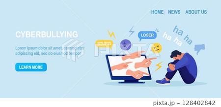 Cyber Bullying. Sad teenage man sitting in front of computer with dislike in social media, mockery. Depressed young person after insult, swear, verbal abuse in internet. Depression, stress concept 128402842