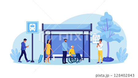 People waiting for autobus. City passengers with luggage waiting public transport at bus stop. Urban infrastructure. Students, senior man in wheelchair standing at station platform 128402843