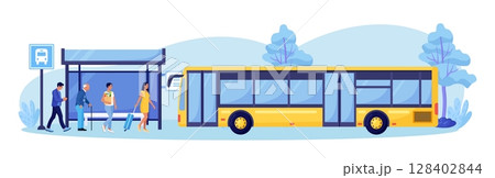 People Waiting for Autobus on Station Platform. Passengers Standing at Bus Stop. Urban Infrastructure. Woman with Luggage, Elderly Man going to Public Transport. Vector design 128402844