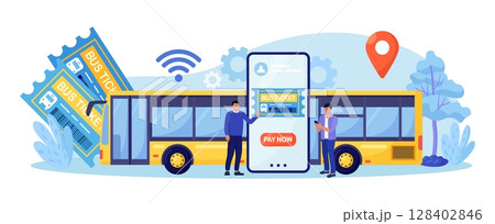 Internet service for book and buy bus ticket. Travel and tourism concept. Tourist planning trip online. Passengers buying tickets for bus in mobile app 128402846