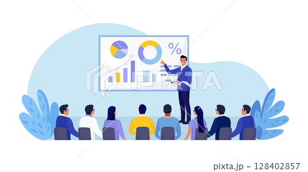 Business Training, Coaching and Education. Mentor Presenting Charts, Diagrams and Reports before Audience. Coach Speaking before Business People at Conference, Lecture. Employees Meeting at Seminar 128402857
