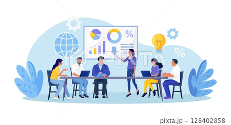 Business Training, Coaching and Education. Mentor Presenting Charts, Diagrams and Reports before Audience. Coach Speaking before Business People at Conference, Lecture. Employees Meeting at Seminar 128402858
