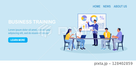 Business Training, Coaching and Education. Mentor Presenting Charts, Diagrams and Reports before Audience. Coach Speaking before Business People at Conference, Lecture. Employees Meeting at Seminar Business Training, Coaching and Education. Mentor Presenting Charts, Diagrams and Reports before Audience. Coach Speaking before Business People at Conference, Lecture. Employees Meeting at Seminar 128402859