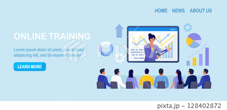 Coach speaking before business people online. Mentor presenting charts and reports. Webinar, video conference. Employees meeting at business training, seminar, courses. Internet presentation, lecture Coach speaking before business people online. Mentor presenting charts and reports. Webinar, video conference. Employees meeting at business training, seminar, courses. Internet presentation, lecture 128402872
