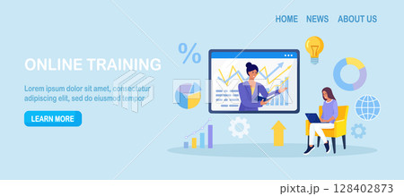 Coach speaking before woman online. Mentor presenting charts and reports. Webinar, video conference. Employee meeting at business training, seminar, courses. Internet presentation, lecture Coach speaking before woman online. Mentor presenting charts and reports. Webinar, video conference. Employee meeting at business training, seminar, courses. Internet presentation, lecture 128402873
