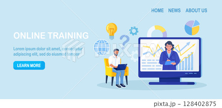 Coach speaking before man online. Mentor presenting charts and reports. Webinar, video conference. Employee meeting at business training, seminar, courses. Internet presentation, lecture Coach speaking before man online. Mentor presenting charts and reports. Webinar, video conference. Employee meeting at business training, seminar, courses. Internet presentation, lecture 128402875