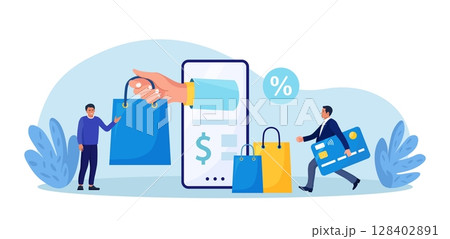 Internet shopping or fast safe delivery service. Courier man hand holding shopping bag coming out from smartphone screen. Online order and payment by mobile phone app. Internet e-commerce 128402891
