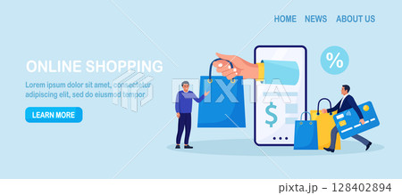 Internet shopping or fast safe delivery service. Courier man hand holding shopping bag coming out from smartphone screen. Online order and payment by mobile phone app. Internet e-commerce 128402894