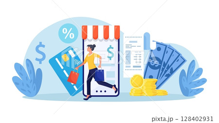 Online shopping. Happy woman come out with purchases from online store on smartphone. Shoppers buying on internet sale. Special offer, discount concept. Buyer picked goods, paid with mobile banking Online shopping. Happy woman come out with purchases from online store on smartphone. Shoppers buying on internet sale. Special offer, discount concept. Buyer picked goods, paid with mobile banking 128402931