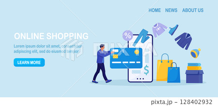 Online shopping. Man purchasing clothes from website, virtually insert credit card to phone for payment. Shopper buying on internet sale. Special offer. Buyer picked goods, paid with mobile banking 128402932