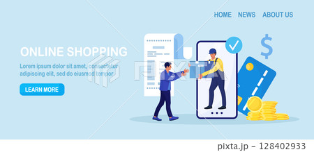 Online shopping or fast safe delivery service. Courier man holding shopping box coming out from phone screen. Customer receiving parcel. Online order and payment by mobile app. Internet e-commerce 128402933