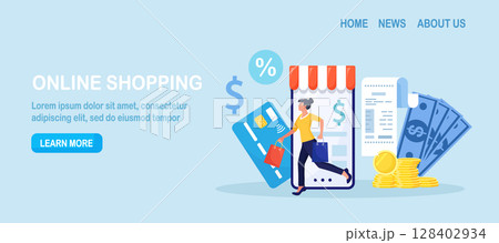 Online shopping. Happy woman come out with purchases from online store on smartphone. Shoppers buying on internet sale. Special offer, discount concept. Buyer picked goods, paid with mobile banking 128402934
