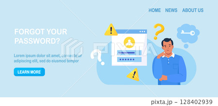 Confused man forgetting her password for web page. User assistance and password reset services. Person who forgot his personal data when he wanted to log in. Authorization and identification 128402939