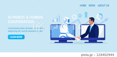 Ai robot and businessman shaking hands. Partnership between man and humanoid robot. Collaboration between human and artificial intelligence. Robotization in business Ai robot and businessman shaking hands. Partnership between man and humanoid robot. Collaboration between human and artificial intelligence. Robotization in business 128402944