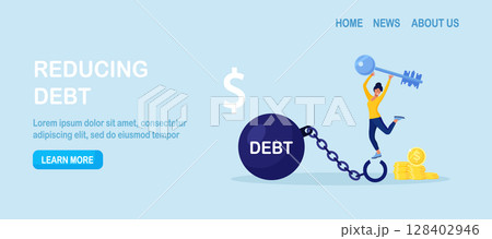 Happy woman with big key. Reduce debt burden. Female borrower opened shackles and got rid of debt. Financial freedom, money management. Loan restructuring. Character freed from monetary obligations 128402946