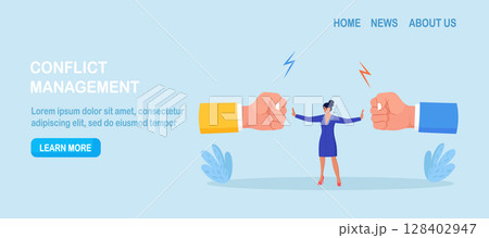 Conflict management. Woman stopping conflict or fighting. Leadership skill to compromise and solving argument problem. Disagreement communication, negotiation. Business deal conversation 128402947
