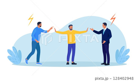 Conflict management. Man stopping conflict or fighting. Leadership skill to compromise and solving argument problem. Disagreement communication, negotiation. Business deal conversation Conflict management. Man stopping conflict or fighting. Leadership skill to compromise and solving argument problem. Disagreement communication, negotiation. Business deal conversation 128402948