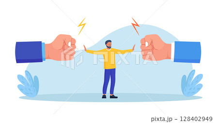 Conflict management. Man stopping conflict or fighting. Leadership skill to compromise and solving argument problem. Disagreement communication, negotiation. Business deal conversation 128402949
