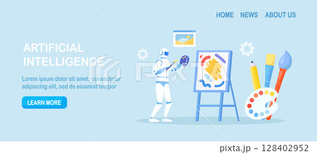 Robot painting creating artwork. Artificial intelligence generating stunning works of art. Robotic technologies in hobbies. AI artist standing and drawing picture with brush Robot painting creating artwork. Artificial intelligence generating stunning works of art. Robotic technologies in hobbies. AI artist standing and drawing picture with brush 128402952