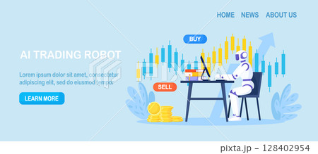Artificial intelligence, robot trader. Trading bot analyze cryptocurrency market data, financial exchange, earning profit. AI for automation trading on stock market 128402954