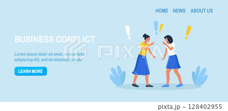 Business conflict, rivalry among colleagues. Two women arguing and fighting. Colleagues debating or misunderstanding. People quarrel and swear. Aggressive characters yell at each other 128402955