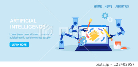 Artificial intelligence generating stunning works of art. Robots with AI technology creating art on computer. Robotic arm create a painting art controlled by a computer algorithm 128402957