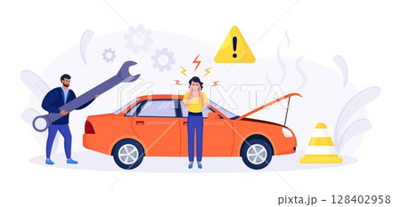 Car accident. Disappointed woman in panic standing beside broken auto without insurance.Vehicle damaged, automobile crash. Breakdown of the car on the road. Spoiled transport needs repair. 128402958