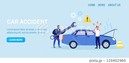 Car accident. Disappointed man in panic standing beside broken auto without insurance.Vehicle damaged, automobile crash. Breakdown of the car on the road. Spoiled transport needs repair. 128402960