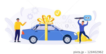 Happy People Celebrating Buying Auto. Automobile Purchase. Men Standing near New Sedan Car Wrapped with Big Festive Bow. Cars Rent, Sharing, Leasing. Successful Deal. Car Key in Hand 128402962